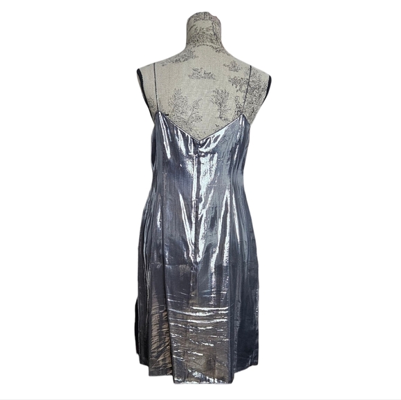 Rickie Freeman for Teri Jon Silver Metallic Slip Dress Silk Blend Size 8 - Picture 3 of 11